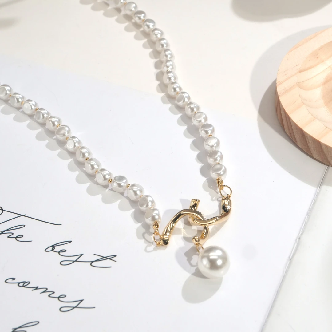 铜合金仿珍珠项链 05845时尚优雅白珠珠双环相扣气质项链