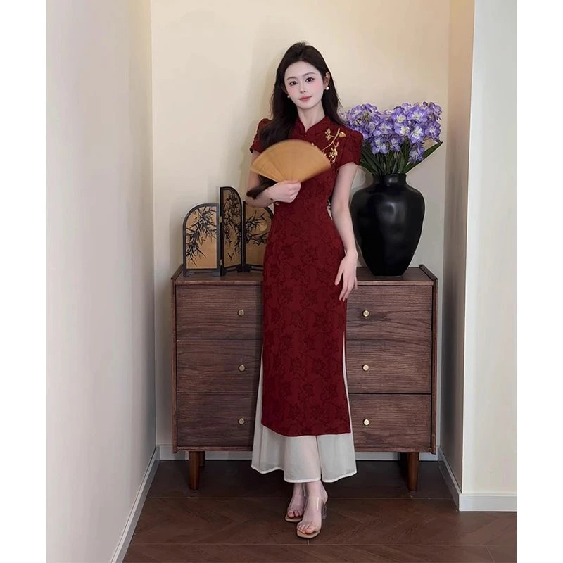 新中式假两件改良复古旗袍2025夏新款撞色刺绣气质修身显瘦连衣裙
