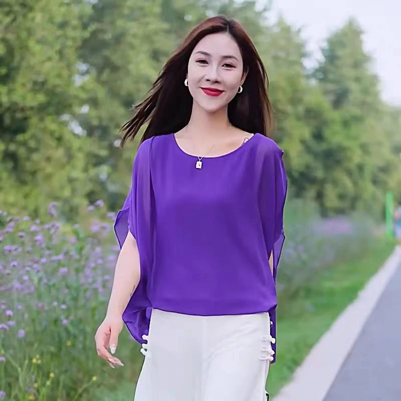 胖雪纺衫遮肚子女短袖洋气小衫夏季减龄显瘦蝙蝠袖上衣夏天女款