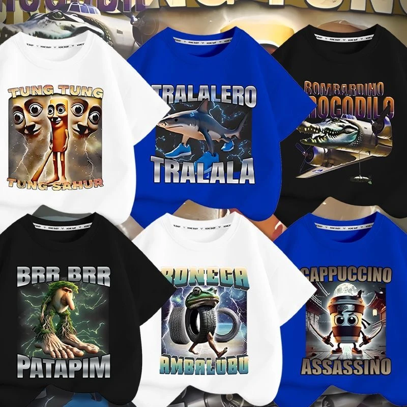 tungtungsahur通通哥木棍人抽象国外山海经纯棉短袖T恤儿童装夏