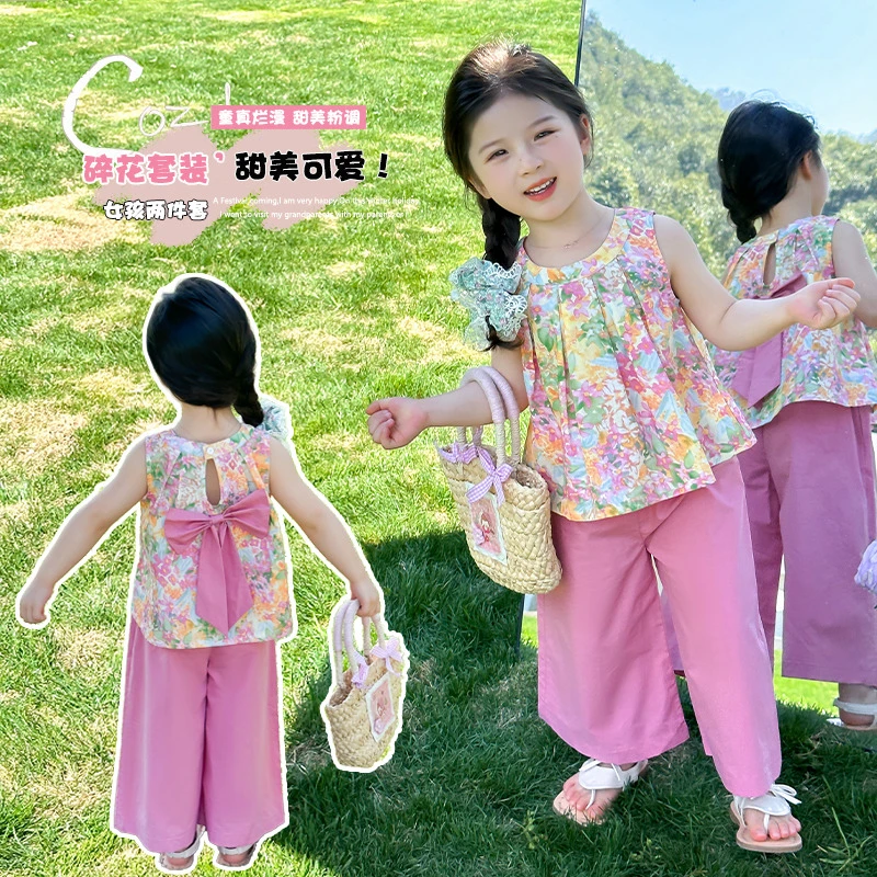 女童装网红夏装无袖国潮风套装韩版女童夏季碎花2025洋气甜美