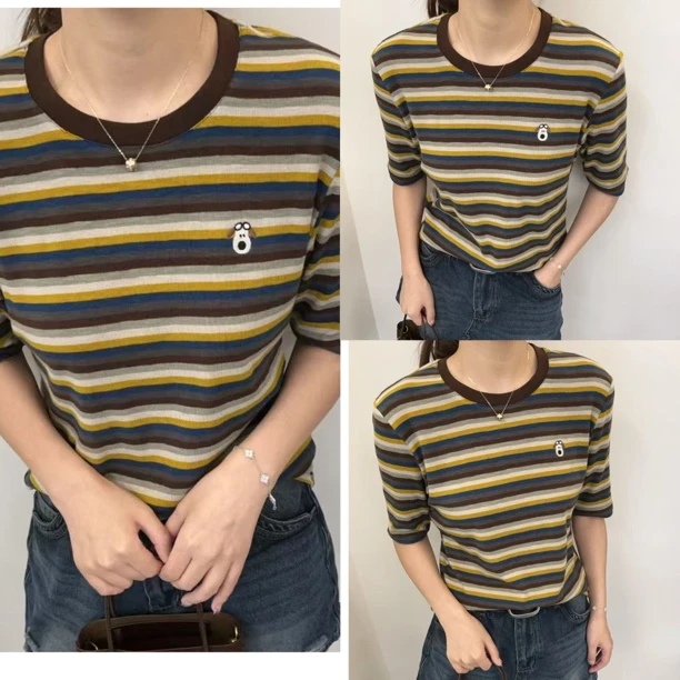 DMG卡通刺绣高级感正肩条纹中袖T恤女秋款五分袖打底衫上衣
