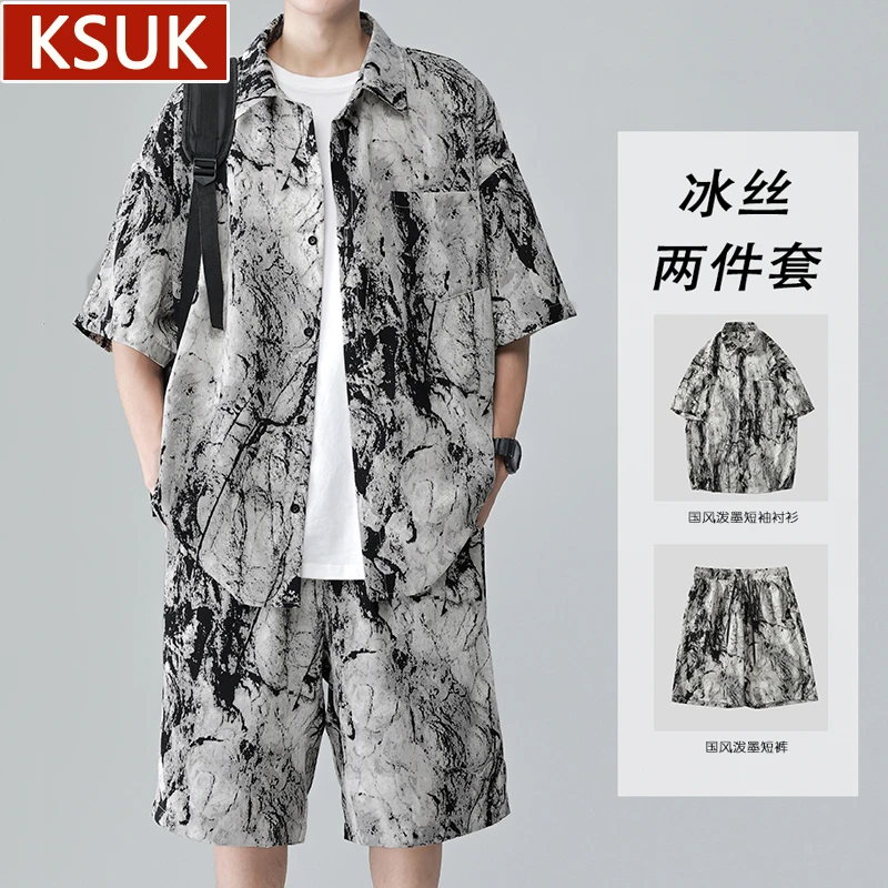 KSUK夏季水墨扎染冰丝套装男士高级感痞帅宽松衬衫短袖短裤两件套