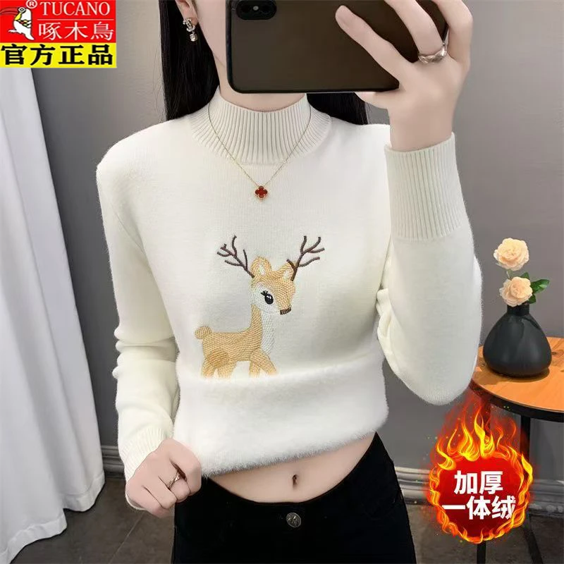 啄木鸟2025新款卡通刺绣一体绒半高领加绒加厚针织打底女百搭保暖