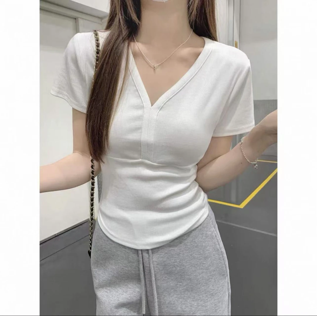 NICE圈圈、V领分割线设计辣妹纯色短袖T恤A5932