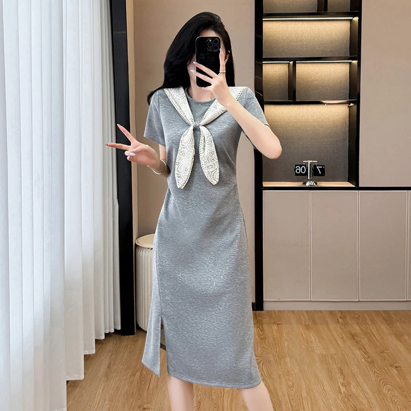 夏日高级洋气连衣裙2025新款拼接披肩蝴蝶结收腰休闲气质长裙子女