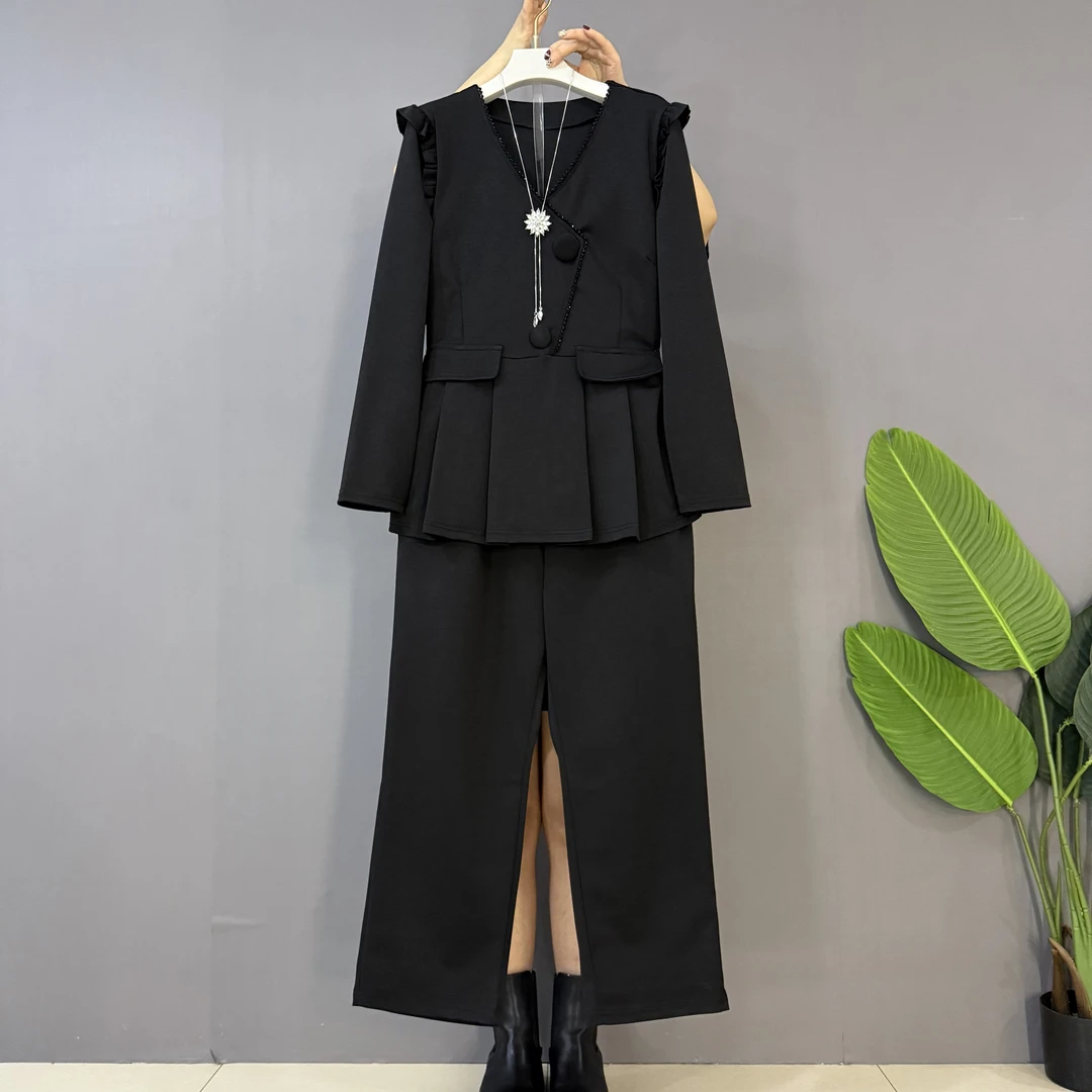 新款时尚气质V领黑色洋气显瘦上衣十阔腿裤子两件套套装