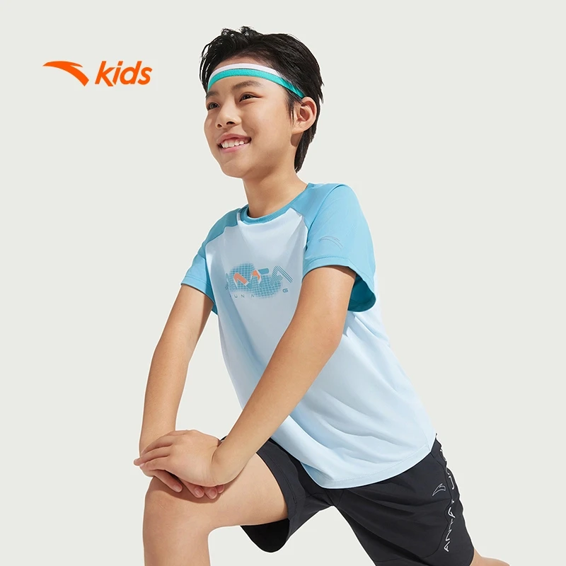 安踏男大童针织短袖衫2025夏新款透气亲肤青少年运动圆领短袖-zb