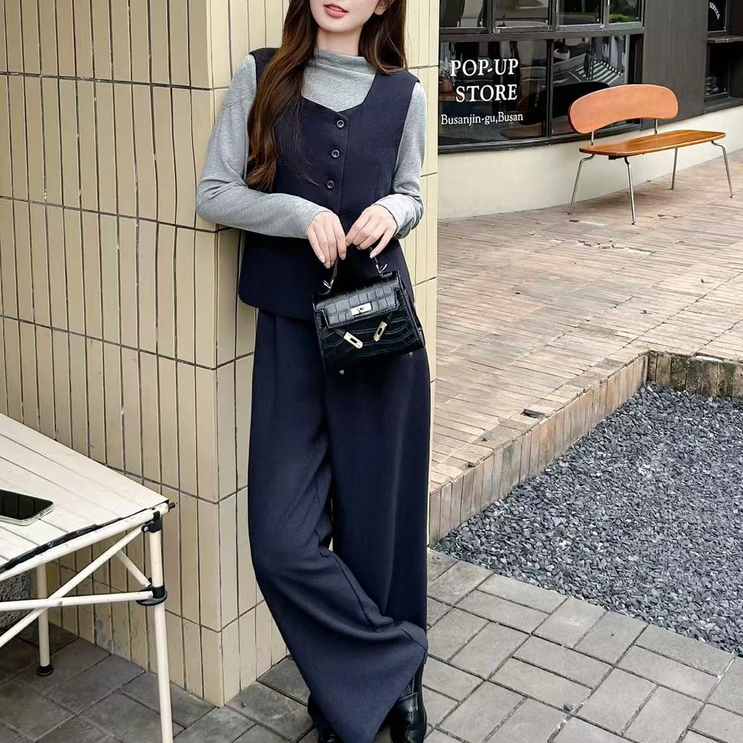 圣雅姿058灰色气质高级感马甲阔腿裤打底衫套装三件套