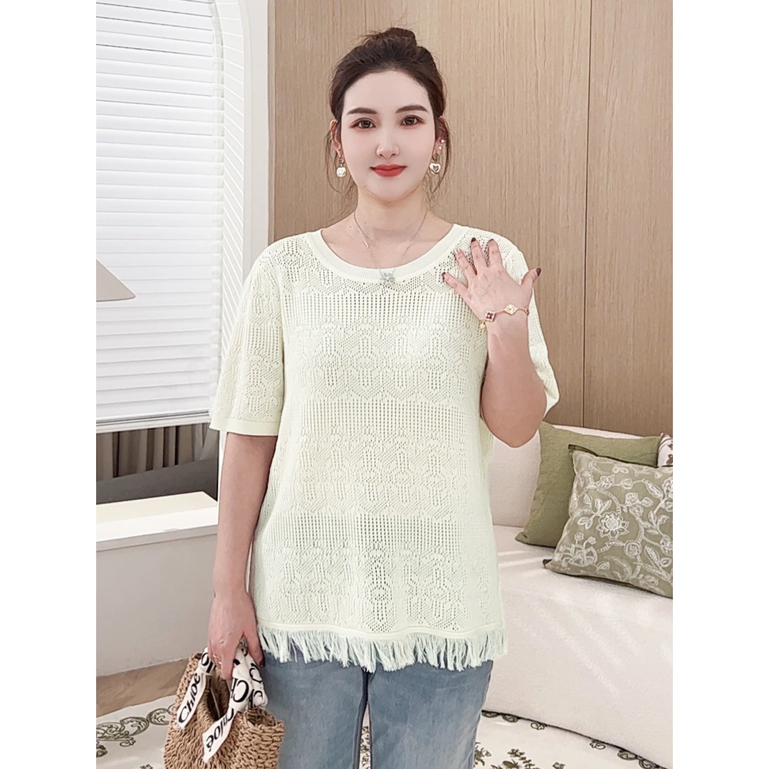 【天丝流苏针织衫】MsShe大码女装2025新夏镂空短袖T恤S~E2503074