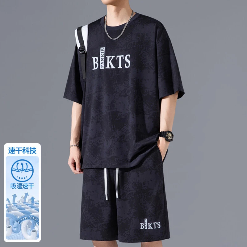 2025夏季新款t大码冰丝印花扎染透气冰感时尚休闲短裤短袖套装