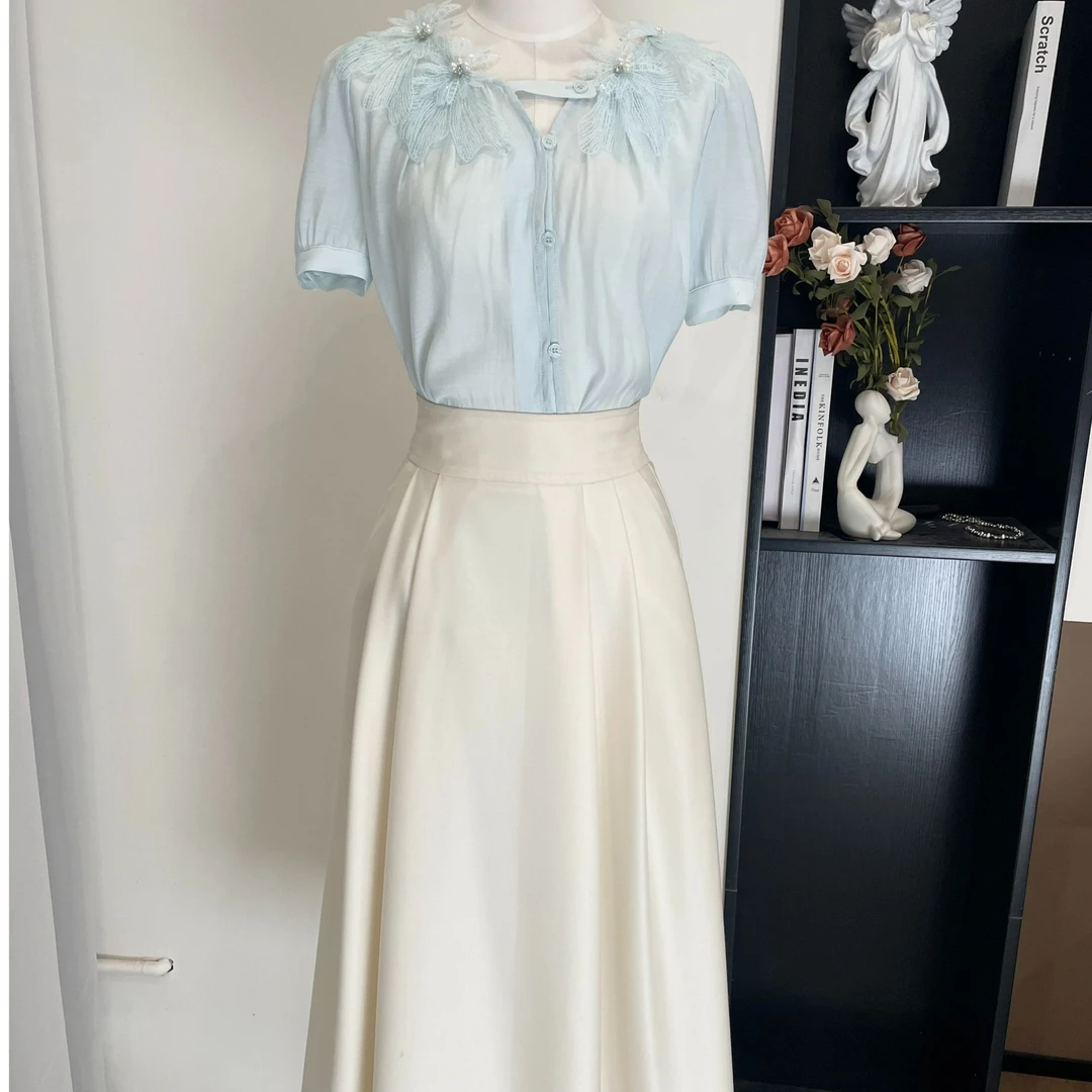 拉夏贝尔/25夏季法式千金度假显瘦收腰短袖衬衫+半身裙 13742 lcj