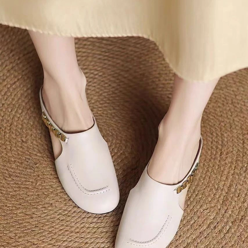 新款复古时尚百搭包头半拖鞋女外穿软底低跟金链条一脚蹬620夏季