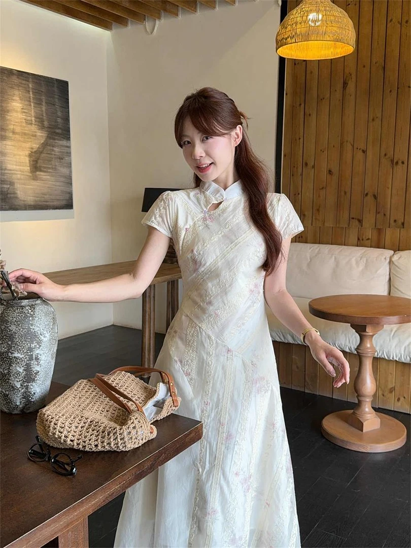 新中式国风改良旗袍连衣裙女2025夏季短袖收腰裙子高级感提花长裙
