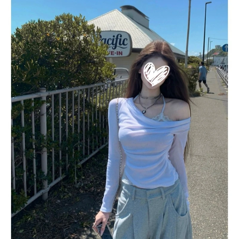 艺等 2025年秋季新款假两件斜肩荡领长袖T恤蕾丝挂脖打底衫女上衣