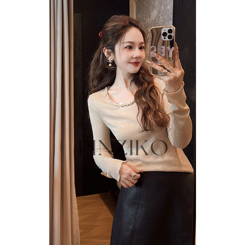【PINZIKO】流玥~轻奢高级感钉珠针织衫女修身显瘦套头打底衫TJF039