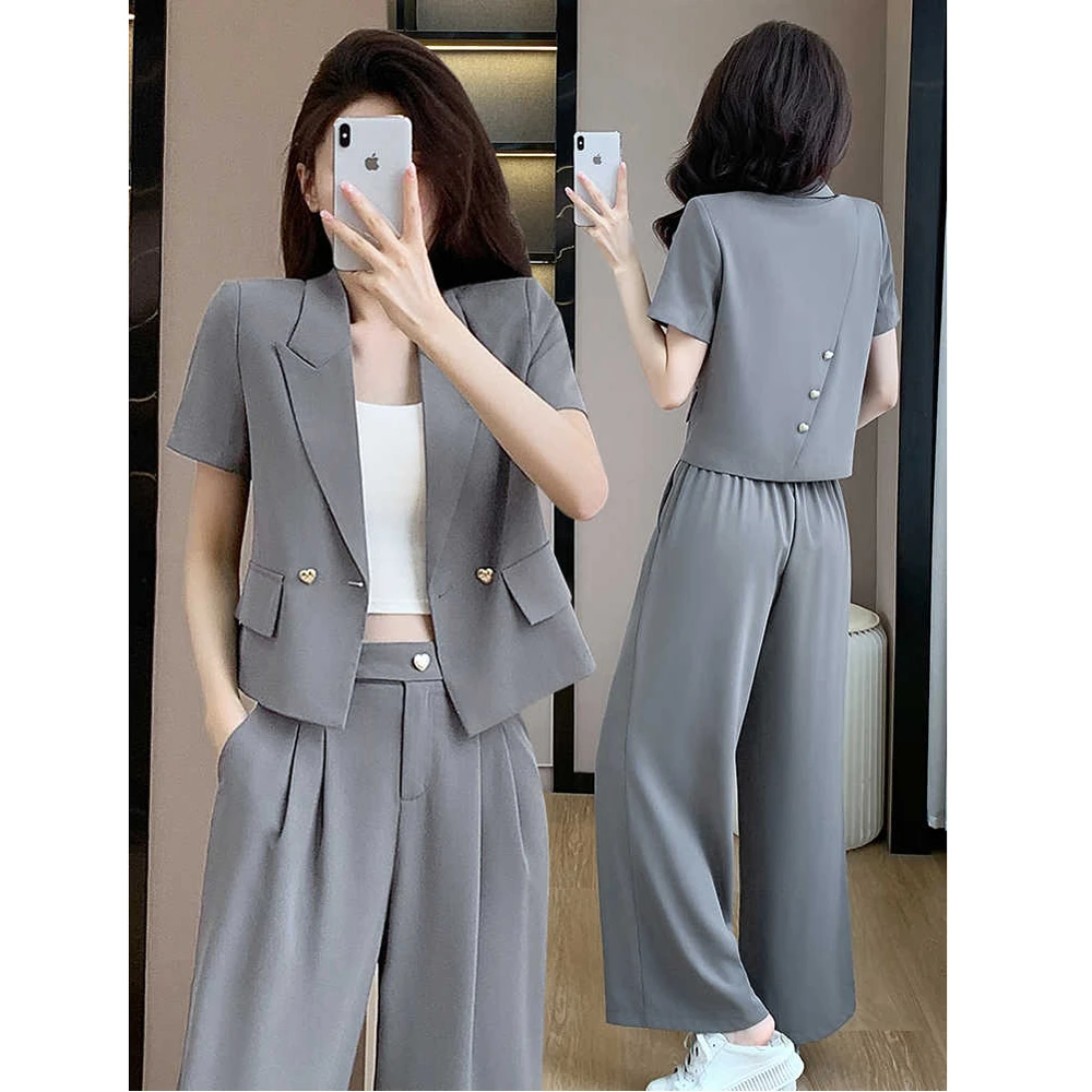 灰色短袖西装套装女夏季薄款时尚休闲职场正装小西服阔腿裤两件套