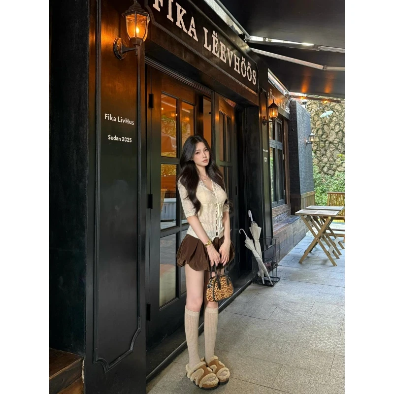 韩系纯欲短袖针织开衫蕾丝挂脖背心女秋季高腰蓬蓬花苞短裤三件套