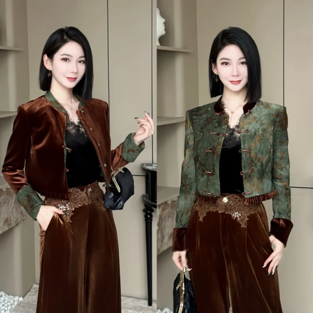 格娜2025秋冬新款双面穿外套新中式两穿小立领丝绒短外套优雅套装