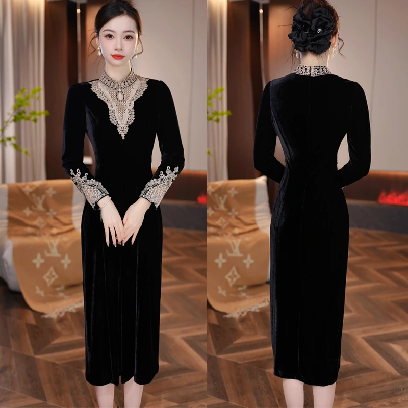 1日常新中式重工秋季连衣裙2025年雅丹收腰气质大方绒轻奢连衣裙