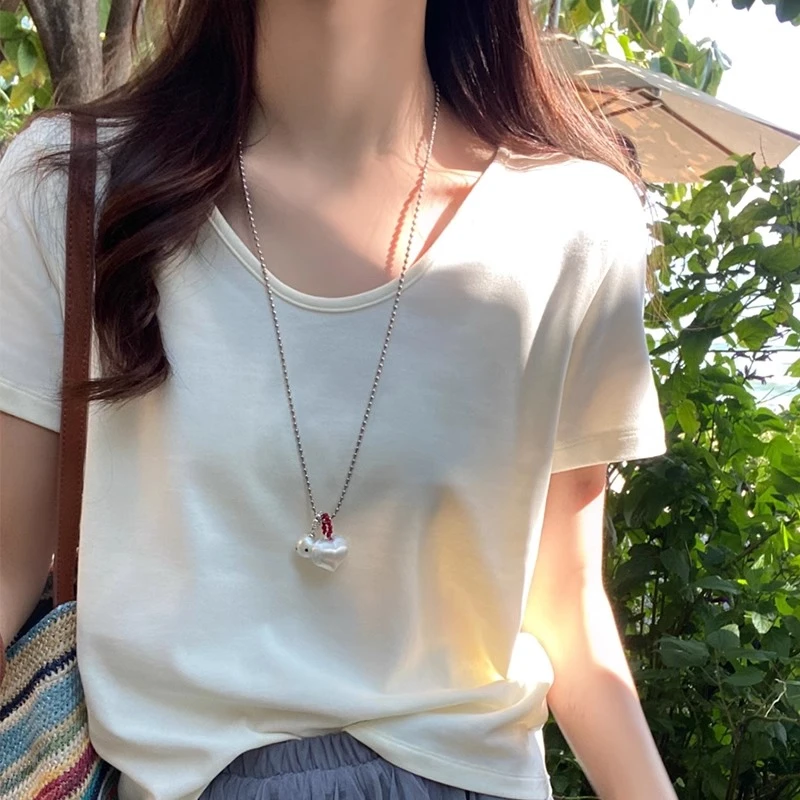 杏色V领正肩短袖T恤女装2025新款春夏超好看独特漂亮显瘦宽松上衣