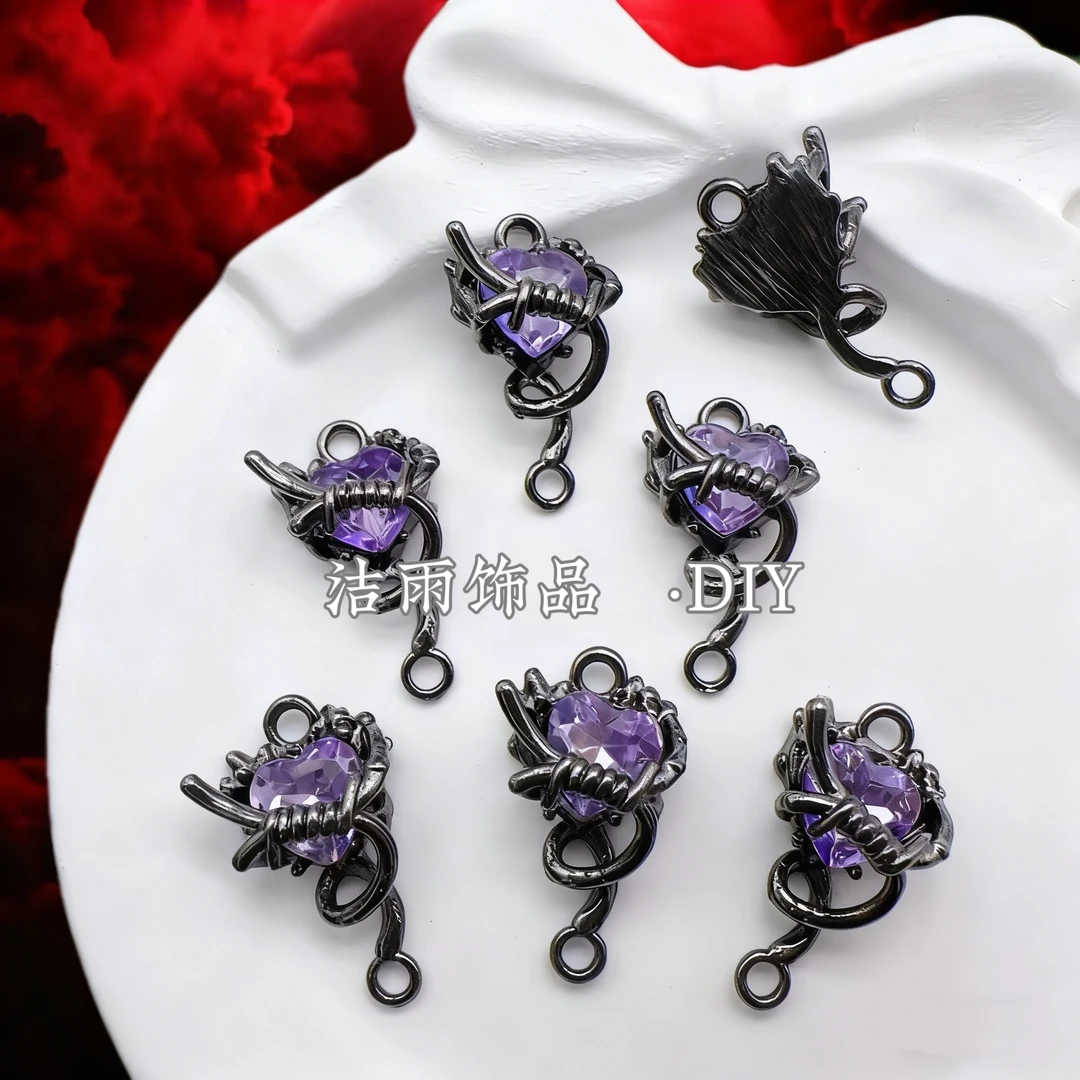 (洁雨饰品 DIY)  P689   “爱心星球” 黑紫色爱心双吊挂坠diy
