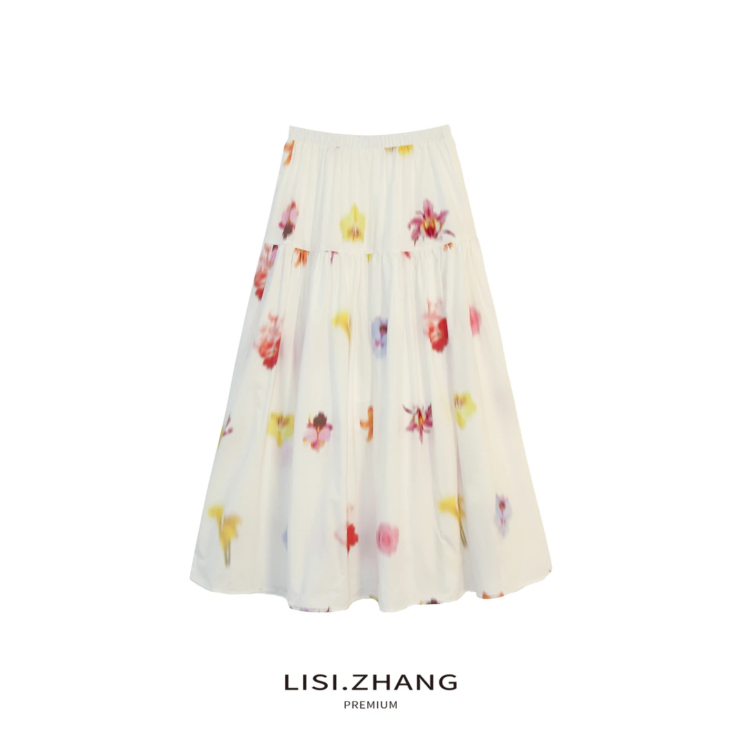 LISI.ZHANG--【印花半身裙】松紧腰全棉清新A字伞裙长裙
