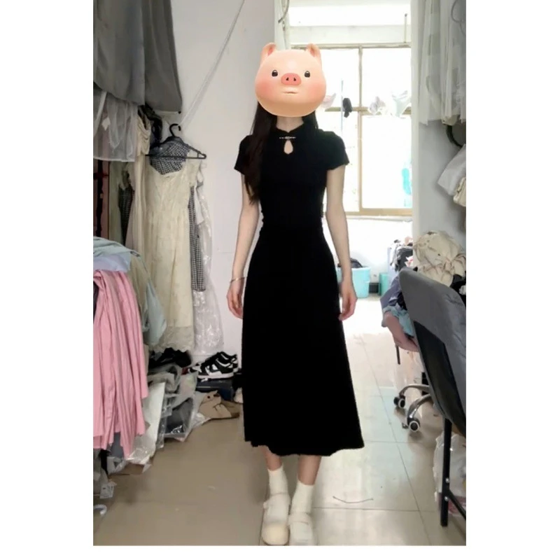 2025新款小个子改良旗袍黑色连衣裙子夏季新中式国风女装修身长裙