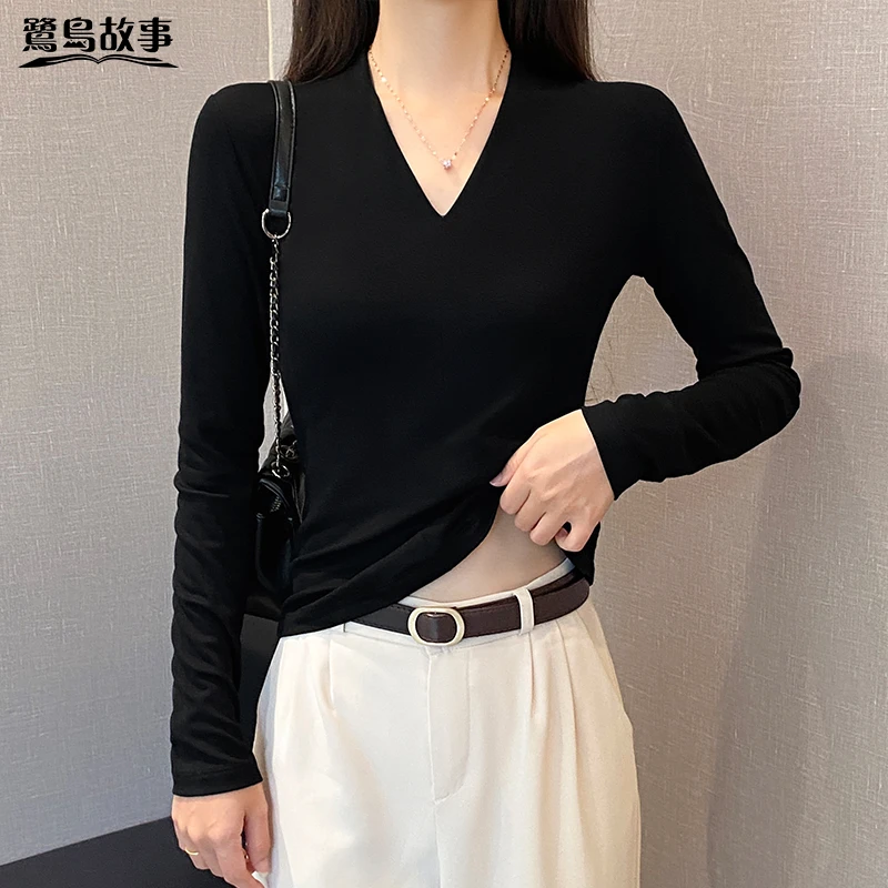 鹭岛故事黑色深V领长袖t恤女春秋新款低领打底衫内搭修身显瘦上衣