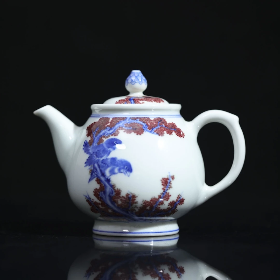 小桥-珍藏釉里红双栖图梨形壶-手工陶瓷有差异