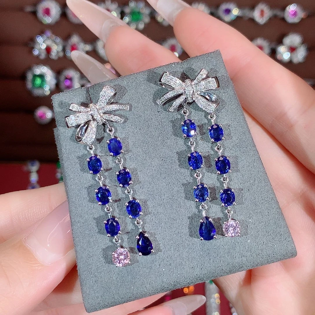 蓝宝石耳饰18K金镶嵌4.9ct/天然宝石/七天无理由