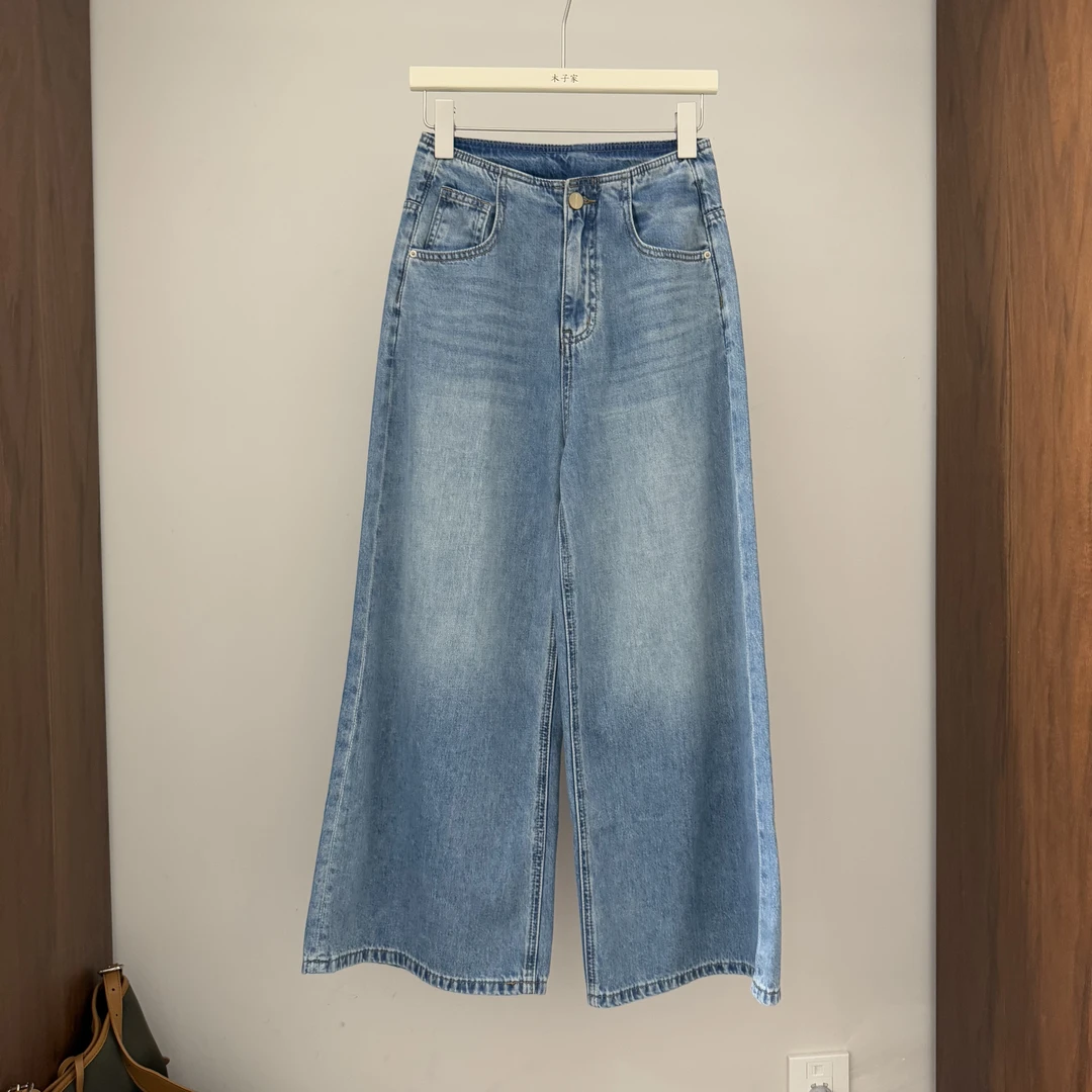 夏季中高腰休闲阔腿牛仔裤