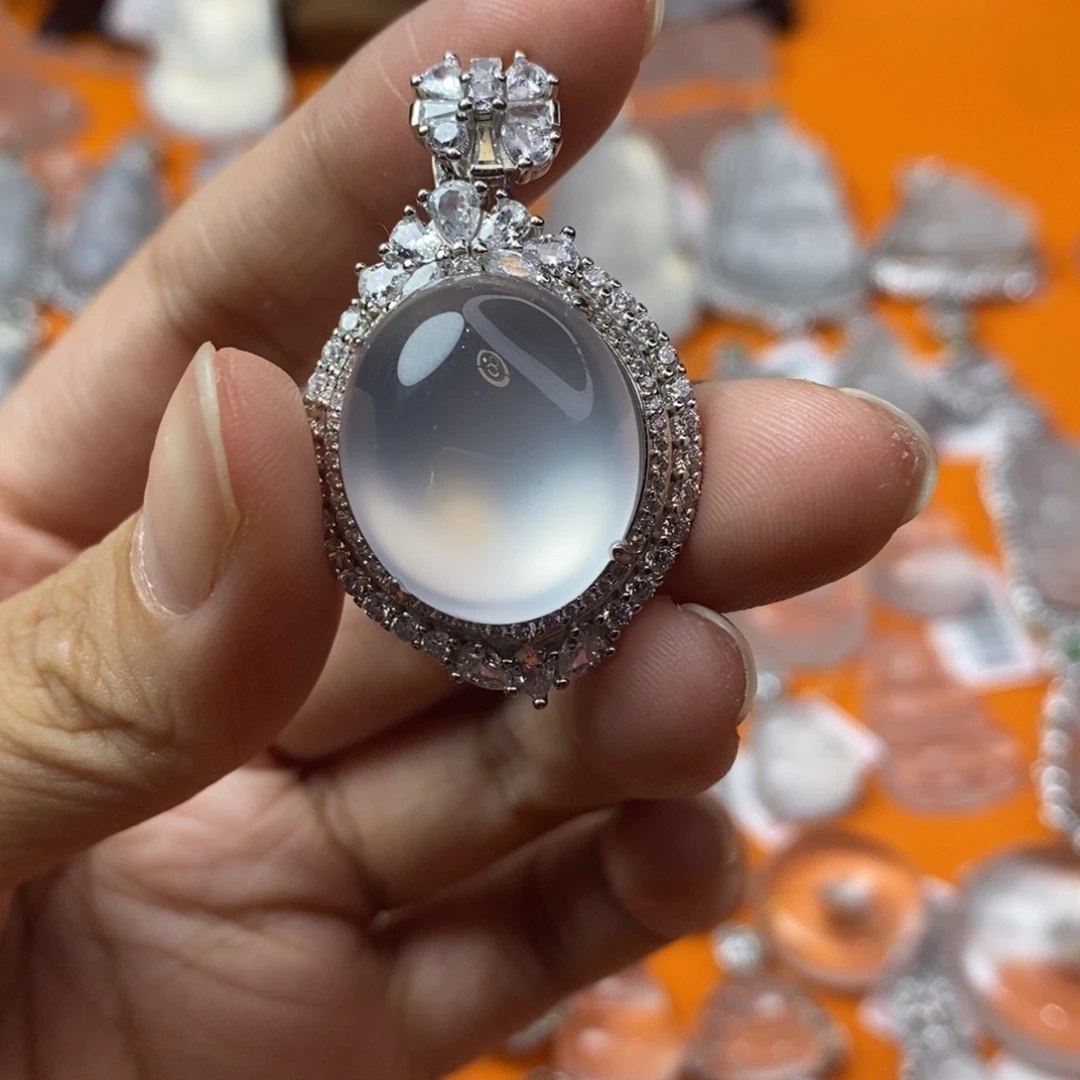 橘***锤石英质玉银S925镶嵌吊坠(不含链)