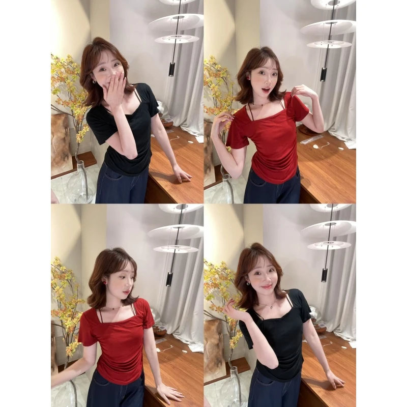 YPP！【伯爵红茶】夏季新款气质捏褶掐腰显瘦短袖上衣T恤