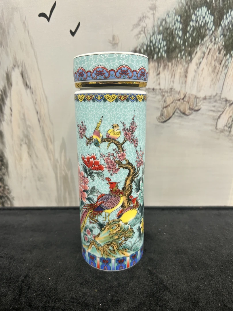 XD-贵妃蓝百鸟朝凤陶瓷保温杯礼盒装容量400毫升水容量