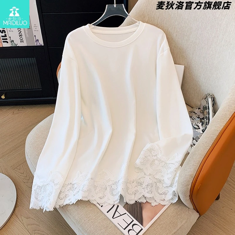 秋冬高端个性蕾丝白色长袖T恤大码女装加厚磨毛中长款打底衫上衣