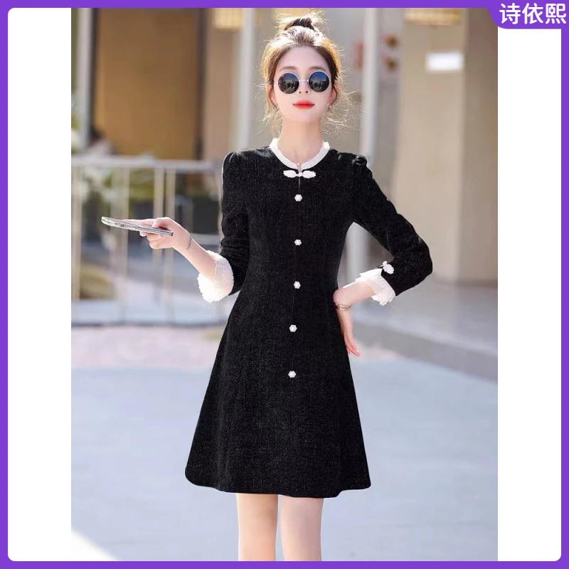 1小个子拼接金线雪尼尔假两件修身新中式小众加厚小香风名媛连衣I