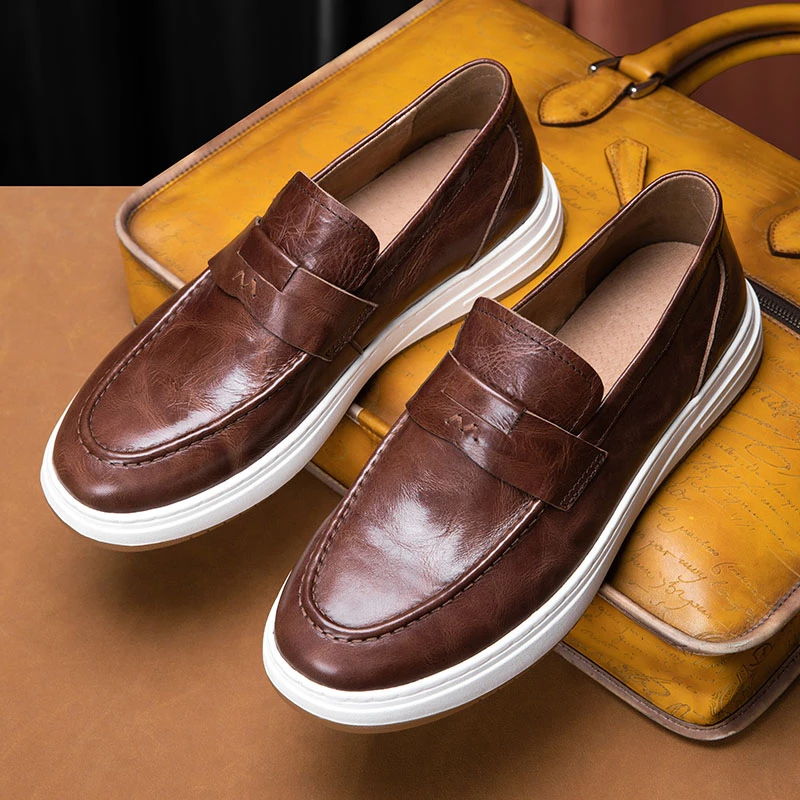 棕色休闲男鞋平底牛皮透气百搭手工高级乐福鞋男一脚蹬皮鞋男士