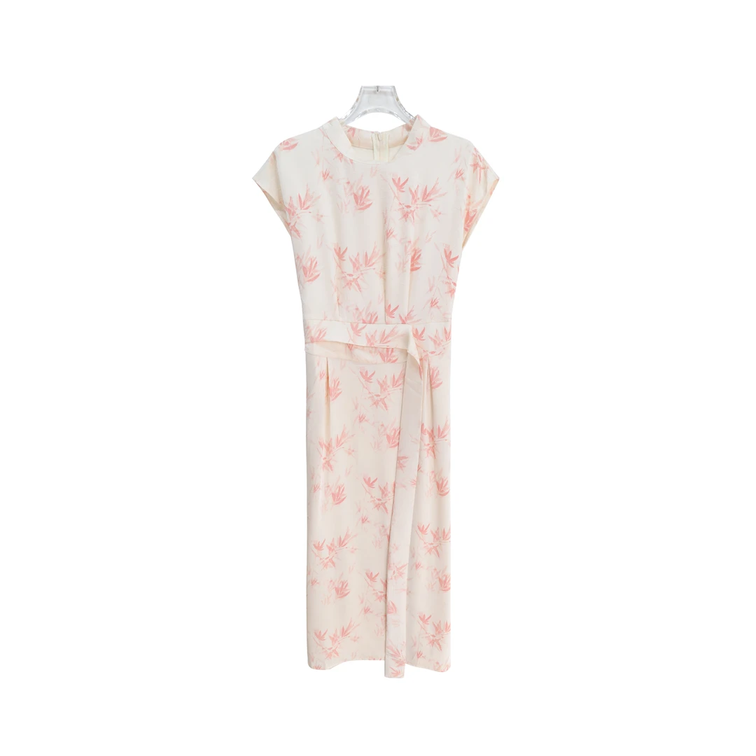 高级感立领修身显瘦印花短袖气质连衣裙S2005