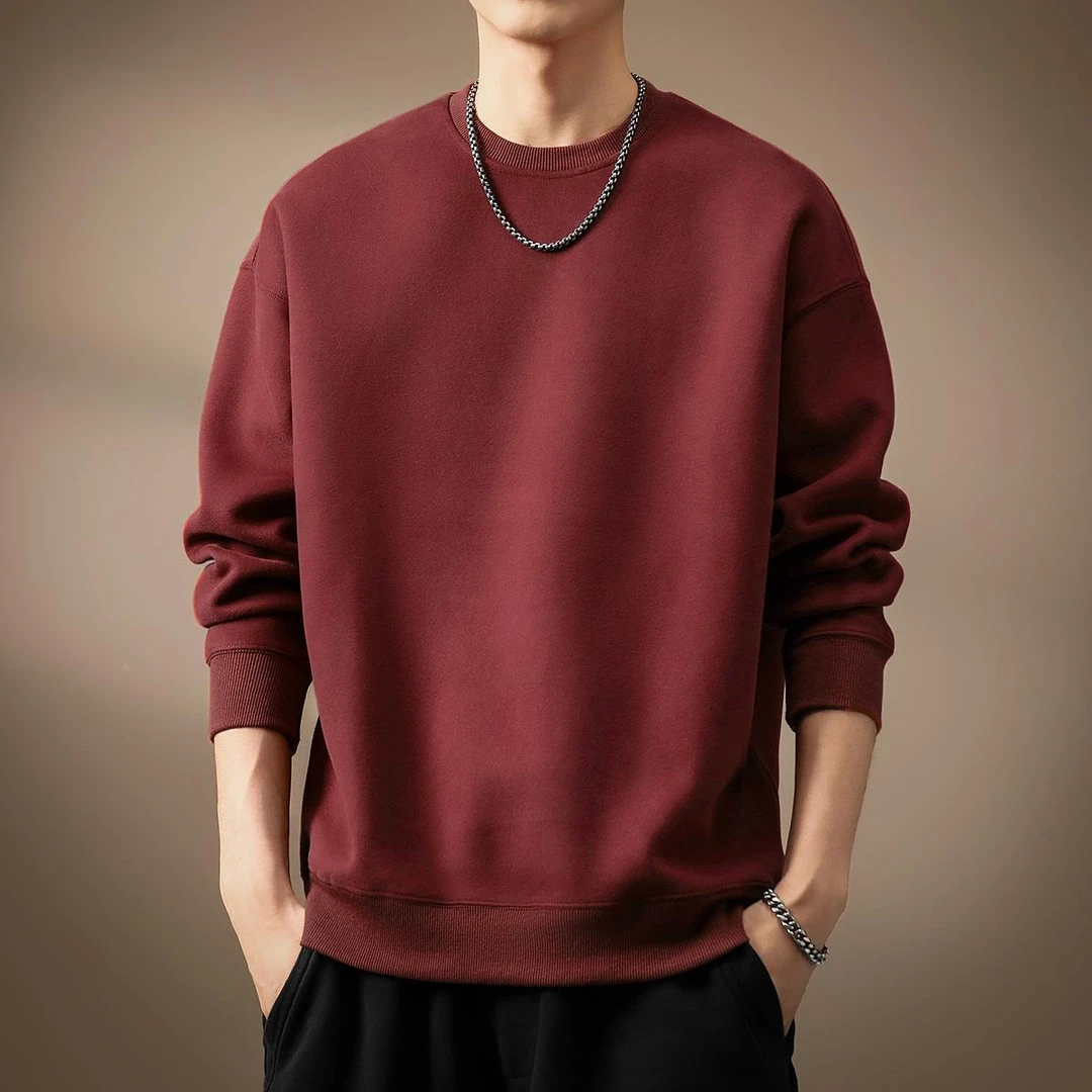 高端春装重磅枣红色秋冬加绒潮牌宽松打底基础网红打底衫男