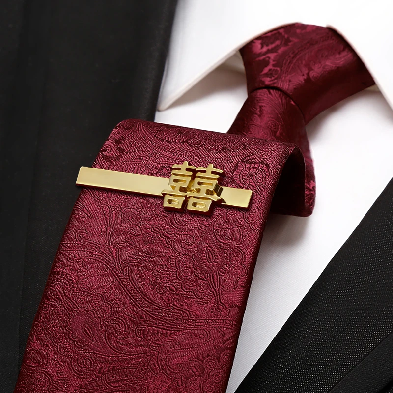 男士领带结婚新郎酒红色商务拉链式高级感婚礼正装西装衬衫配饰潮