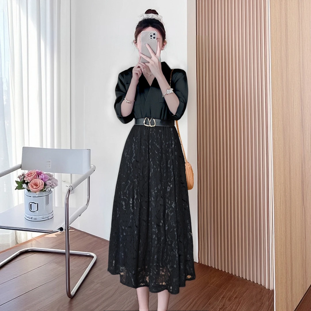 B有里布2025夏季新款气质高级感黑色衬衫裙拼接时尚连衣裙女D1542