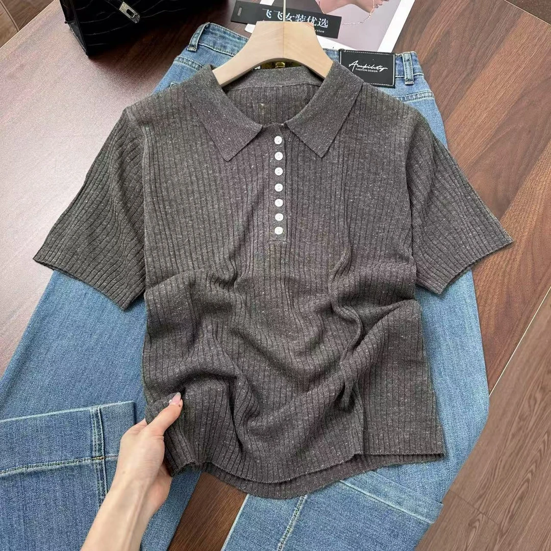 纽扣翻领气质款~东大门经典Polo显瘦竖坑条日常减龄针织衫Y7389