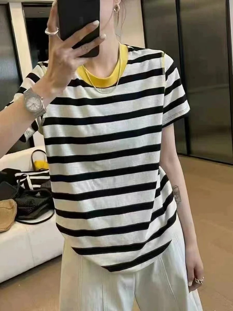 (精品优远）女士宽松条纹黄色拼半袖！