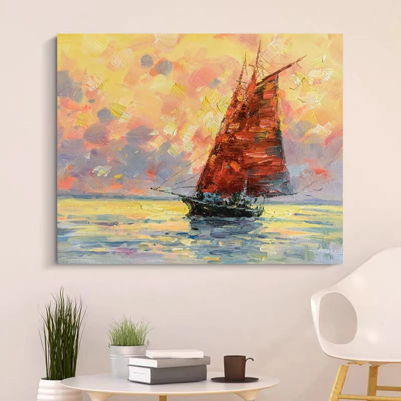 《霞海帆影》50*60含内框，刘春建原创手绘油画，肌理装饰画挂画