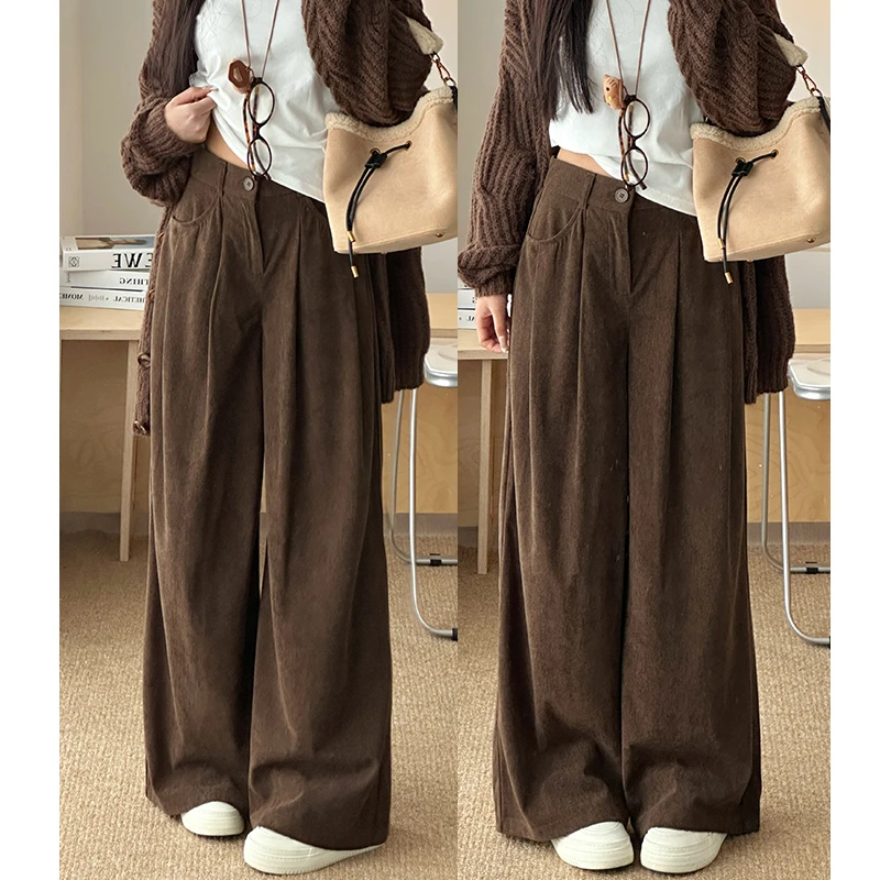 2025新款加绒灯芯绒咖色阔腿裤秋冬美拉德宽松棕色休闲运动裤冬季