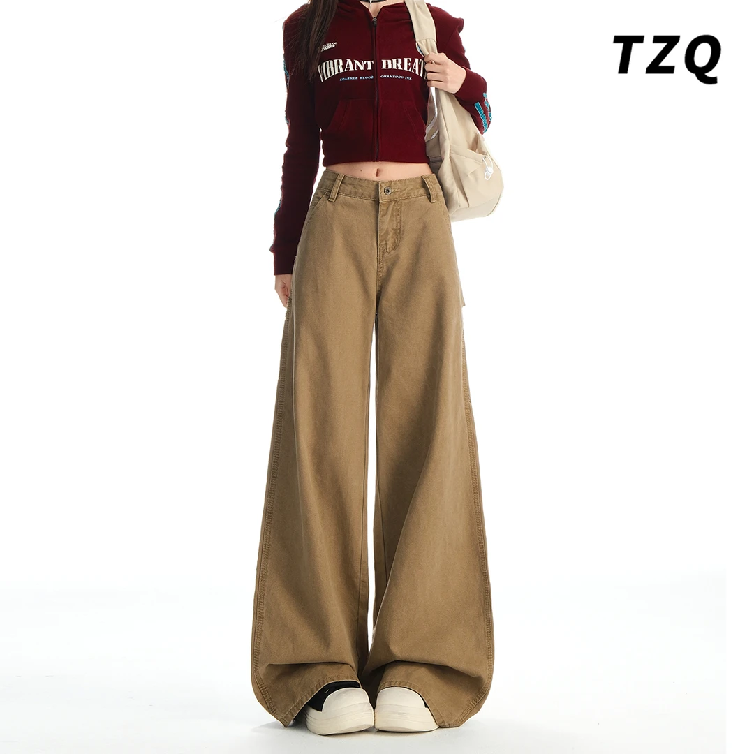 卡其色宽松工装牛仔裤女2025年秋季新款直筒百搭阔腿裤TZQ2583039