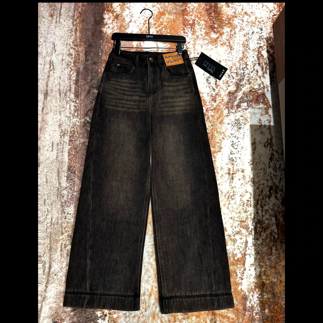 QIMO启茉（A9009#Q高腰阔腿牛仔裤（加绒）黑灰色