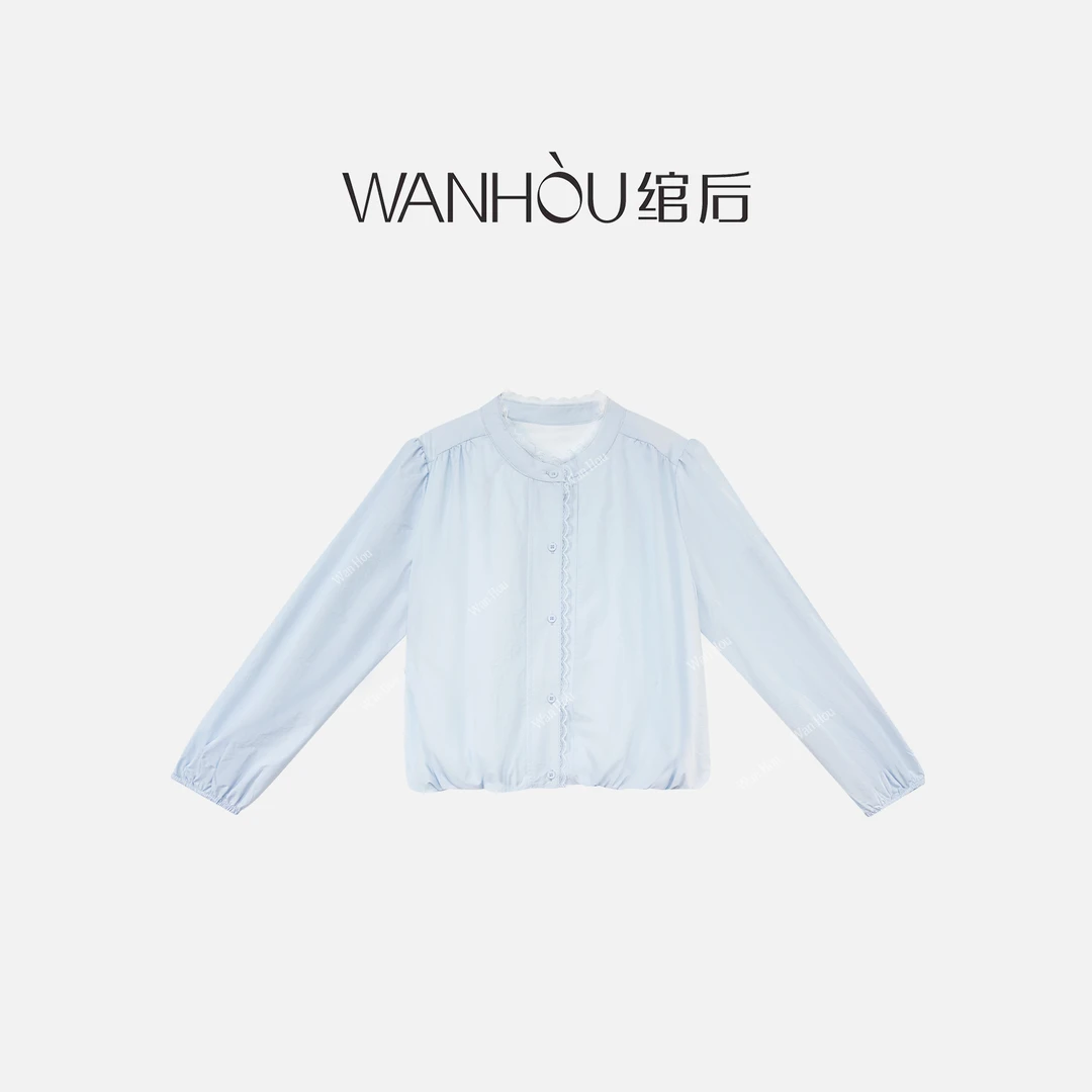 【C2083】#WH-新款时尚女装蓝色蕾丝花边长袖衬衫女SC