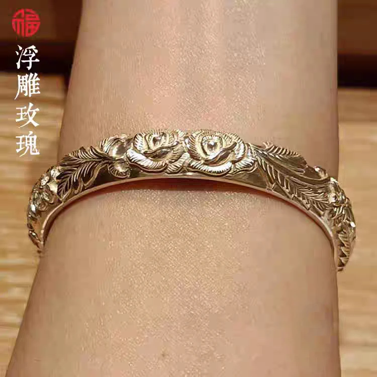 足银手镯 润土匠心【浮雕玫瑰手镯】浮雕银手镯纯手工银饰定制s999